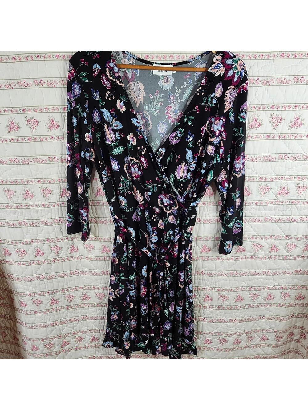 Leota Women's Floral Print Dress 3/4 Sleeve Wrap Tie Waist PXL